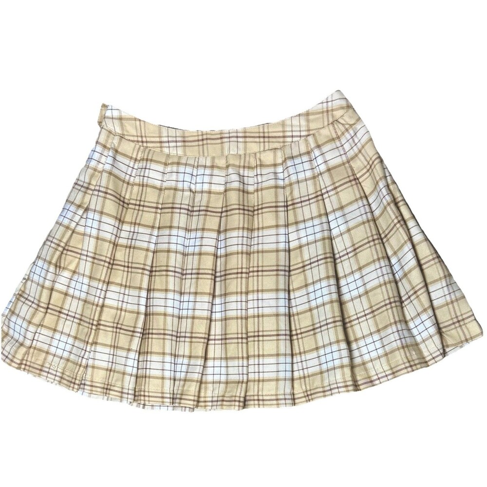 Beige Plaid Pleated Mini Skirt M Preppy Y2K Schoolgirl Aesthetic - Picture 5 of 7